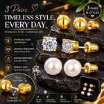 El Regalo 3 Pairs Stainless Steel Cartilage Earrings Set for Women & Men - 18K Gold Plated 6mm Small Stud Earrings Combo | Cubic Zirconia, Round Ball & Pearl Piercing Jewellery for Helix, Tragus, Lobe