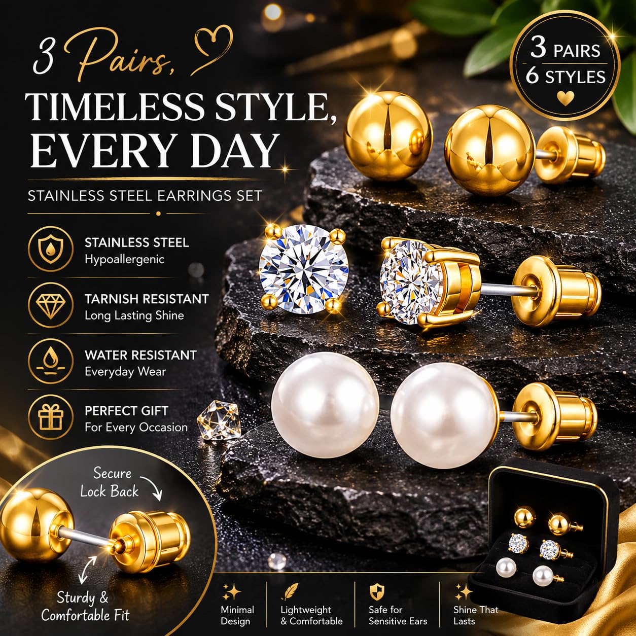 El Regalo 3 Pairs Stainless Steel Cartilage Earrings Set for Women & Men - 18K Gold Plated 6mm Small Stud Earrings Combo | Cubic Zirconia, Round Ball & Pearl Piercing Jewellery for Helix, Tragus, Lobe
