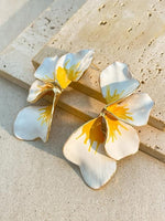 El Regalo Big Floral Statement Earrings for Women | White Yellow Oil Drip Enamel Flower Earrings | Irregular Petal Leaf Design | Bold Fashion Earrings for Party, Vacation & Western look