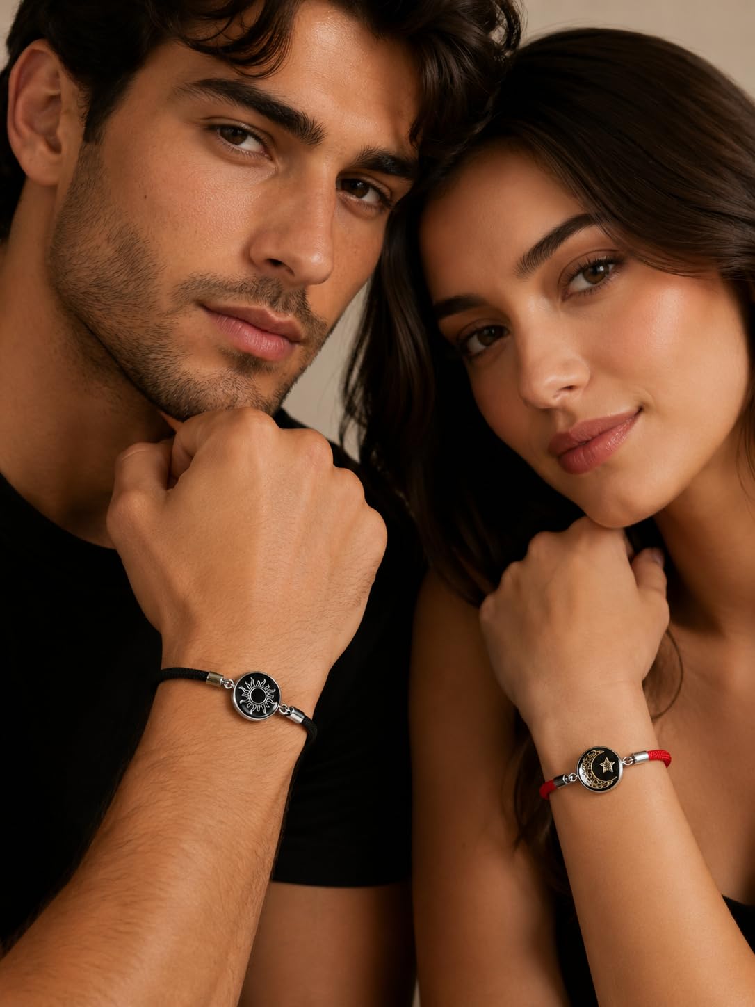 El Regalo 2PCs Sun Moon Luminous Couple Bracelets Set For Unisex Adult- Glow at Night Sun, Moon, Star Pinky Promise Bracelets (2 Black)