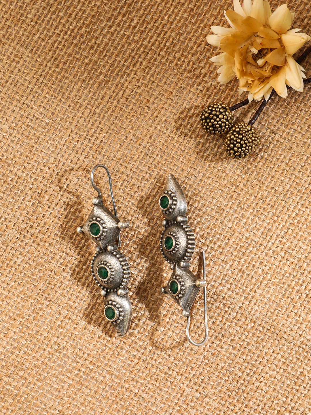 El Regalo Womens "Trikoni" Handcrafted Silver Lookalike Oxidized Brass Earrings - Antique Silver Finish - Elegant and Timeless Design (Green)