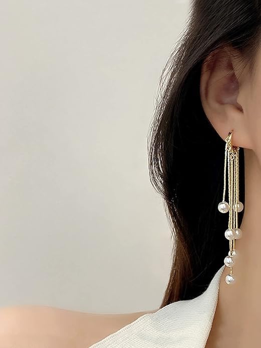 El Regalo Elegant Pearls Tassel Hoop Earring- Long Pearls Dangle Statement Party Hoop Earrings for Women & Girls