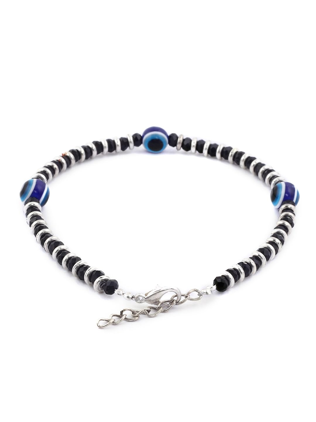 El Regalo Womens Set of 2 German Silver Blue & Black Evil Eye Beaded Anklets