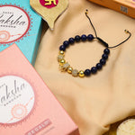 El Regalo 1 PC Natural Stones AD King Crown Rakhi for Brother/Bhai- Designer Handcrafted Natural Stones Rakhi with Roli-Chawal Shagun, Rakhi Message Card in Rakhi Gift Box (Blue & Golden)