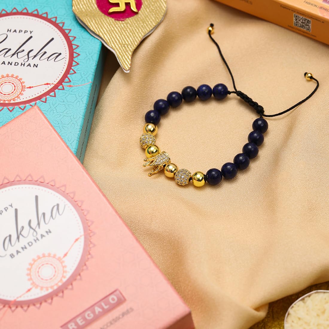 El Regalo 1 PC Natural Stones AD King Crown Rakhi for Brother/Bhai- Designer Handcrafted Natural Stones Rakhi with Roli-Chawal Shagun, Rakhi Message Card in Rakhi Gift Box (Blue & Golden)