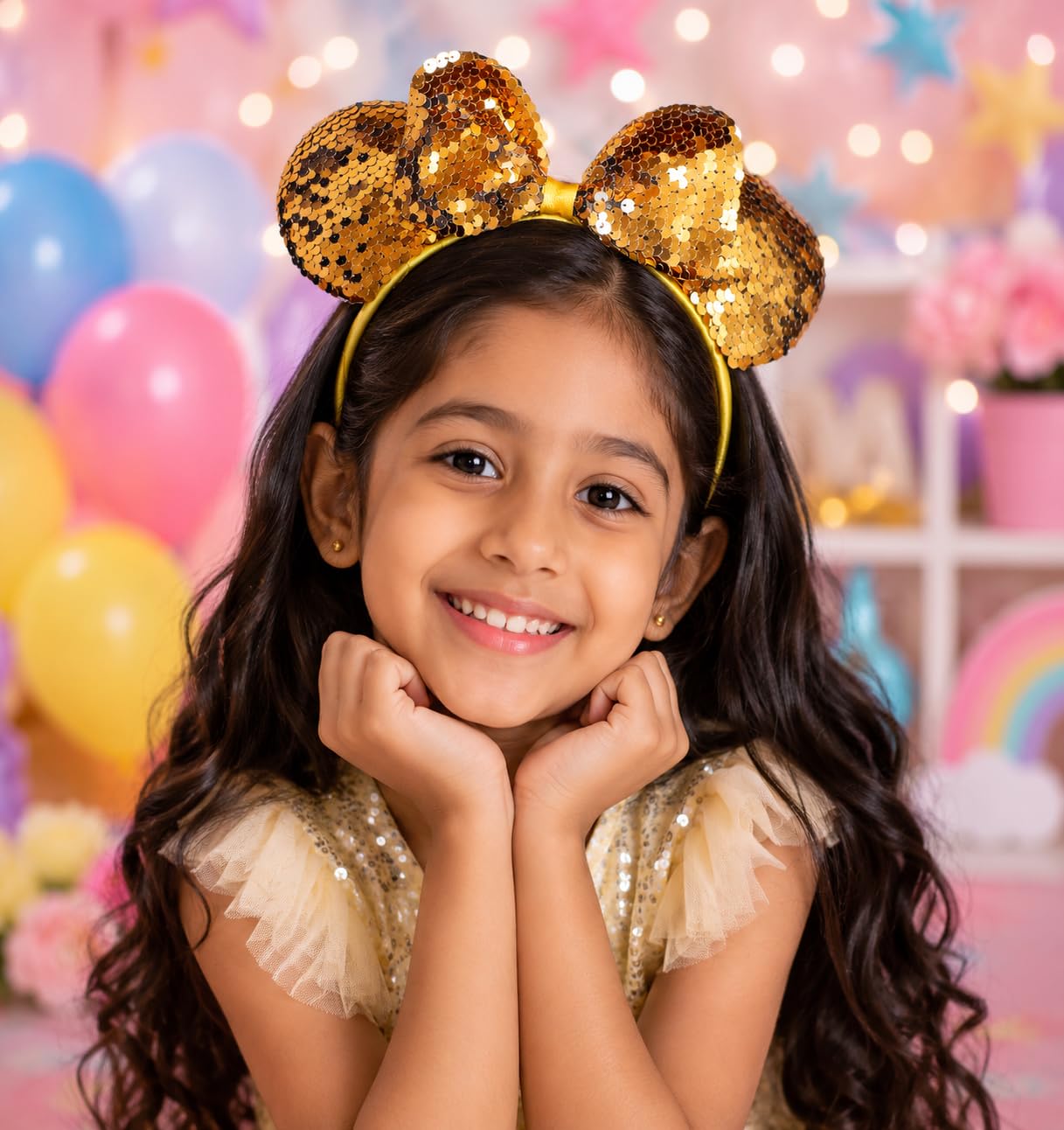 El Regalo Kids Sequin Mouse Ear Hairband with Bow for Girls | Cute Cartoon Mouse Headband | Glitter Party Hair Accessory | Fancy Dress Hair Band for Birthday, Theme Party, Halloween, Christmas & Photoshoot (Gold)
