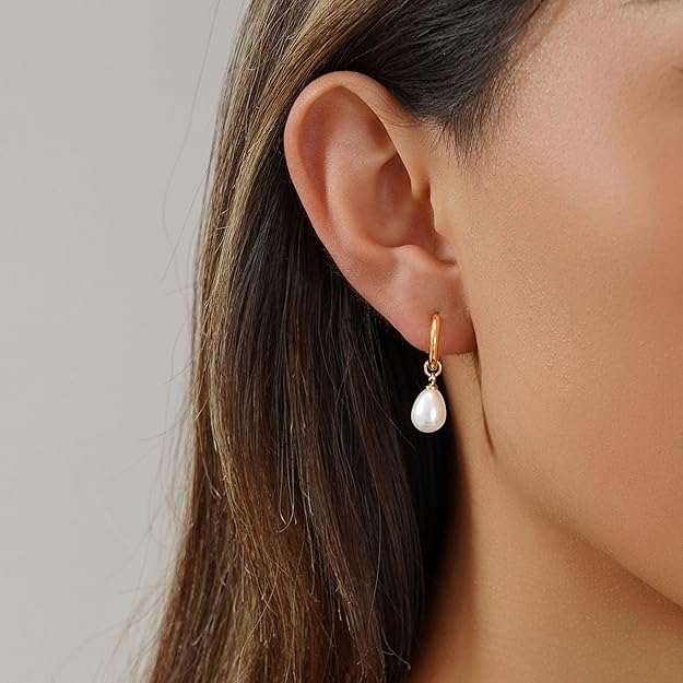 El Regalo Stainless Steel Pearl Drop Hoop Earrings for Women | Small Huggie Hoop Earrings with Pearl Pendant | Waterproof Anti Tarnish Modern Earrings for Girls | Minimalist Cute Jewelry (Gold)