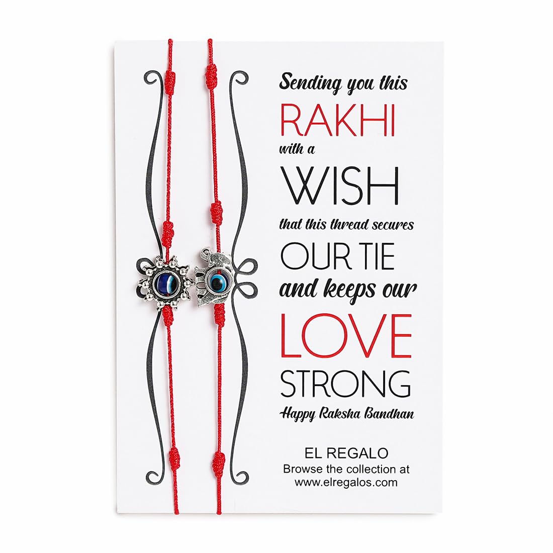 El Regalo 2PCs Evil Eye Rakhi Combo Set for Bhai-Bhabhi or Bhai-Bhatija/Bhatiji- 2 Evil Eye Rakhis with Roli Chanwal, Rakhi Card in Rakhi Gift Box (Option-2)