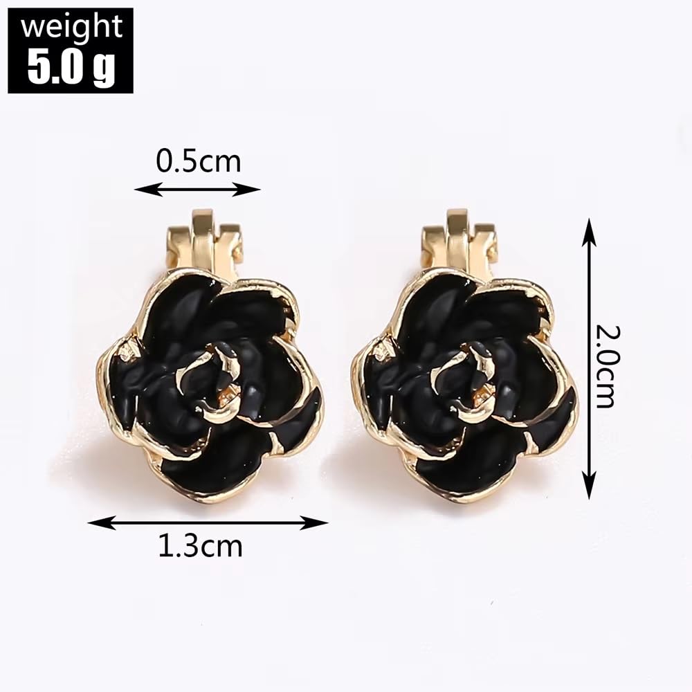 El Regalo Black Rose Flower Vintage Clip On Fake Stud Earrings for Women & Girls - No Piercing Required, Black Gypsy Wild, Gold-Plated Earring Clips for Non-Pierced Ears