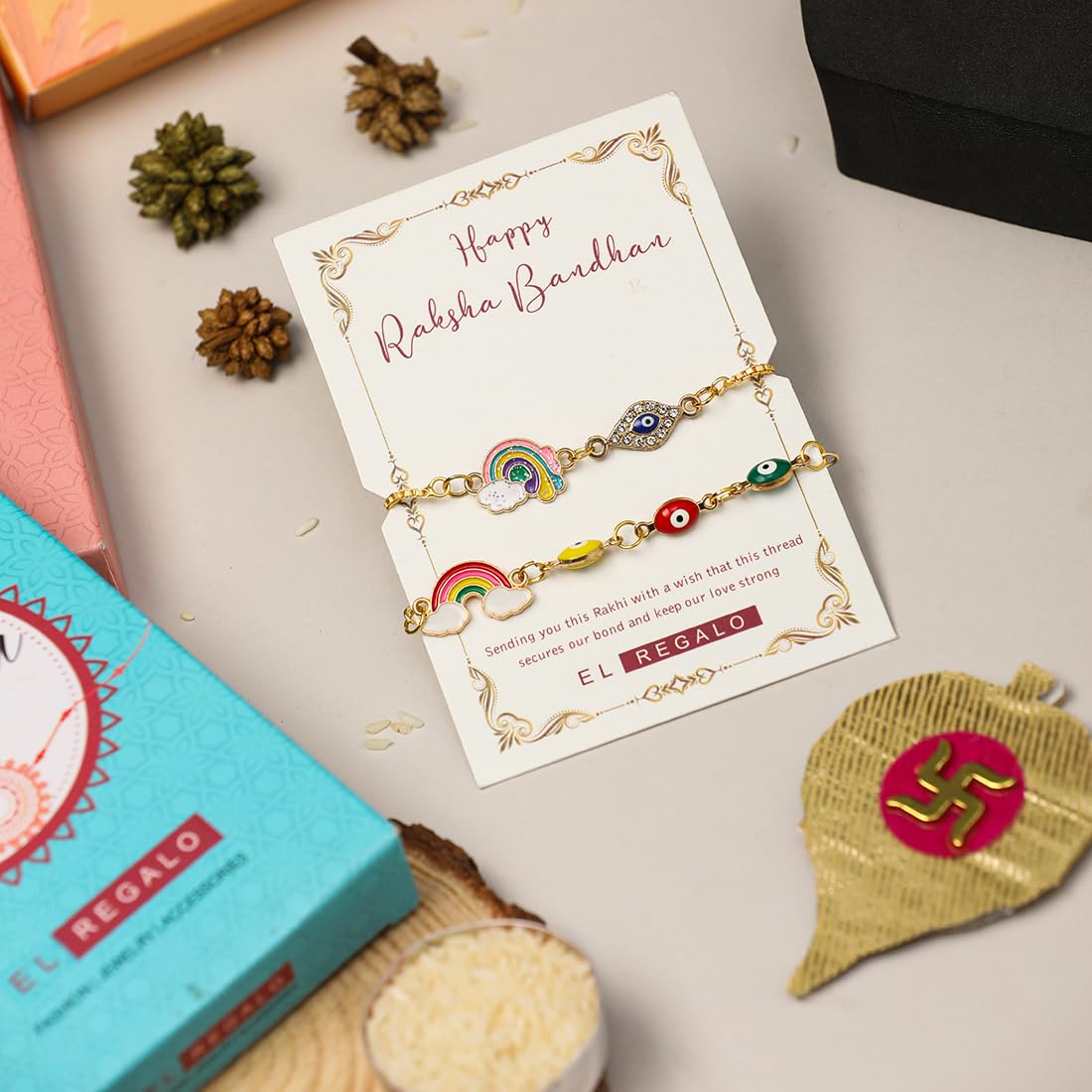 El Regalo Fancy Evil Eye Rainbow Charms Unisex Kids Rakhi for Girls & Boys- Cute Kids Rakhis with Roli Chawal, Message Card in Rakhi Gift Box for Kids/Babies/Toddlers (Rainbow 3 Beads Evil Eye Rakhi)