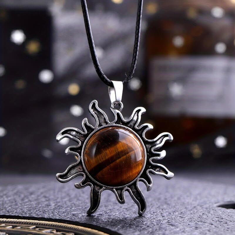 El Regalo Vintage Style Natural Stones Gothic Sun Pendant Unisex Necklace (Tiger Eye- Brown)