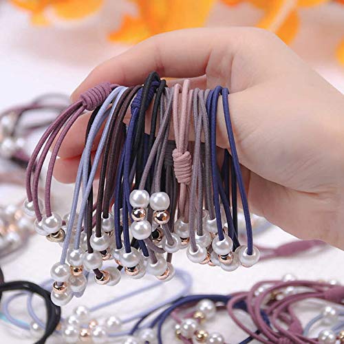 El Regalo Set of 5 Knotted Elastic Pearls Hair Ties Rubber Band Ponytail Holder for Girls/Kids/Women (3 Pearls Multi Layers Rubber bands)