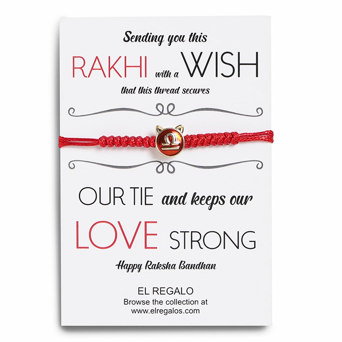 El Regalo 1 PC Zodiac Signs/Sun Signs Red Thread Bracelet Rakhi for Bhai/Brother/Niece or Nephew - Zodiac Sign Rakhi, Roli-Chawal Shagun, Rakhi Message Card in Rakhi Box (Libra Rakhi)