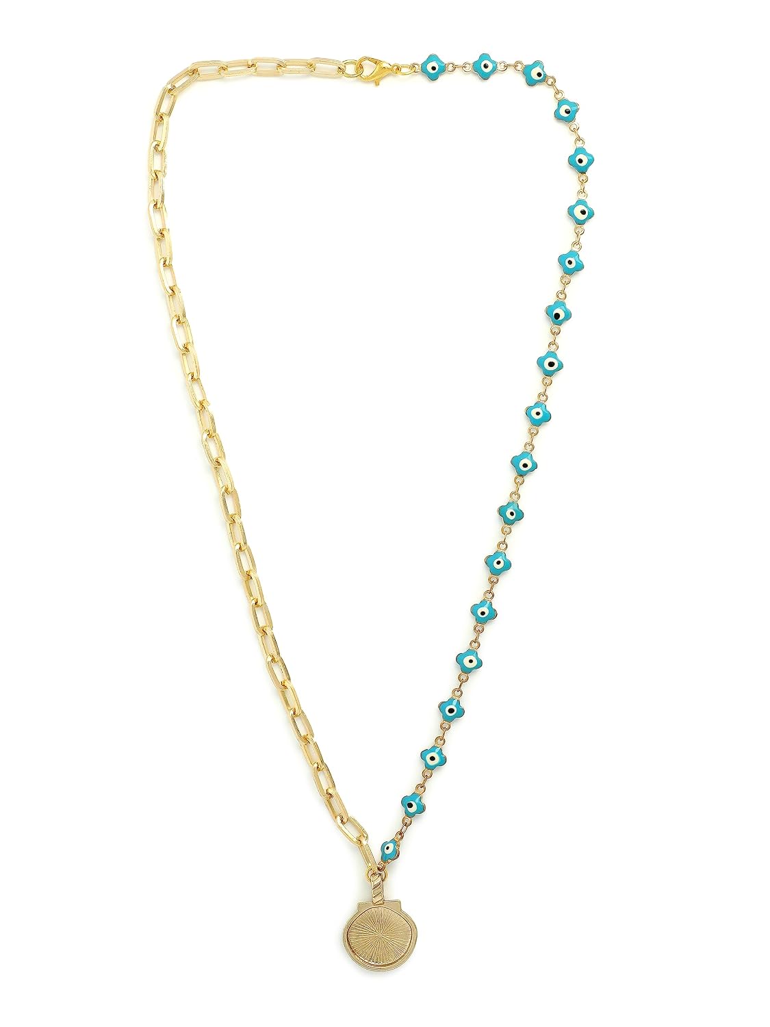 El Regalo Statement Evil Eye Golden Chain Shell Pendant Necklace- Hypoallergenic Enameled Shell Pendant Evil Eye Beaded Chain Necklace for Girls & Women
