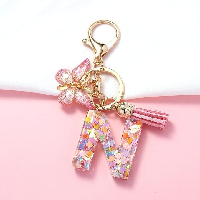 El Regalo Personalized Name Initials Butterfly Charm Keychain - Custom Letter Keyring with Pink Tassel & Butterfly Pendant, Purse, Bag, Backpack Accessory (N Letter)