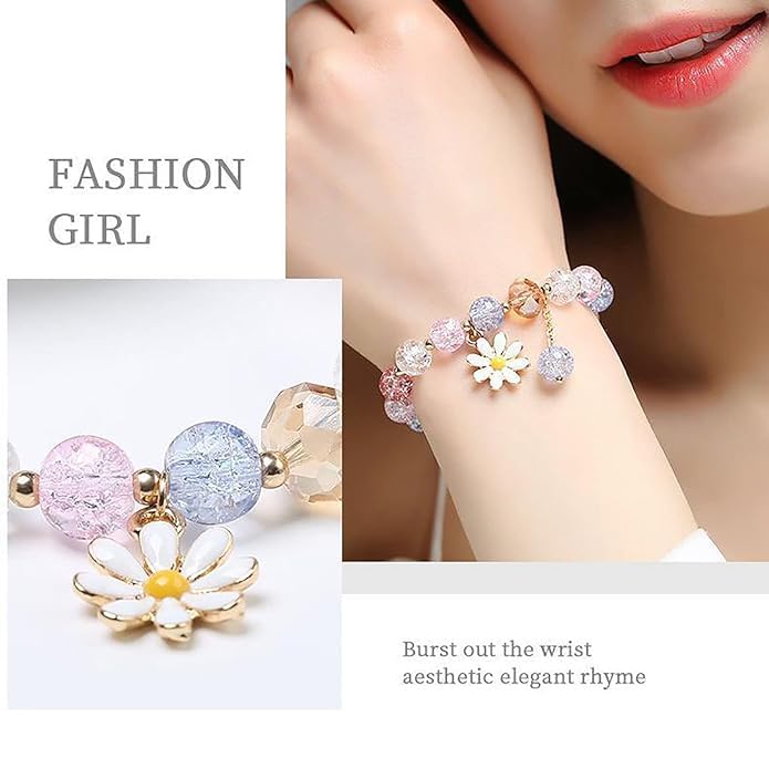 El Regalo 1 PC Dailsy Flower Sparkly Crystal Beads Tassel Bracelet for Girls/Teens/Women- Cute Crackle Beads Daisy Flower Stretch Bracelet (Multi Colored)