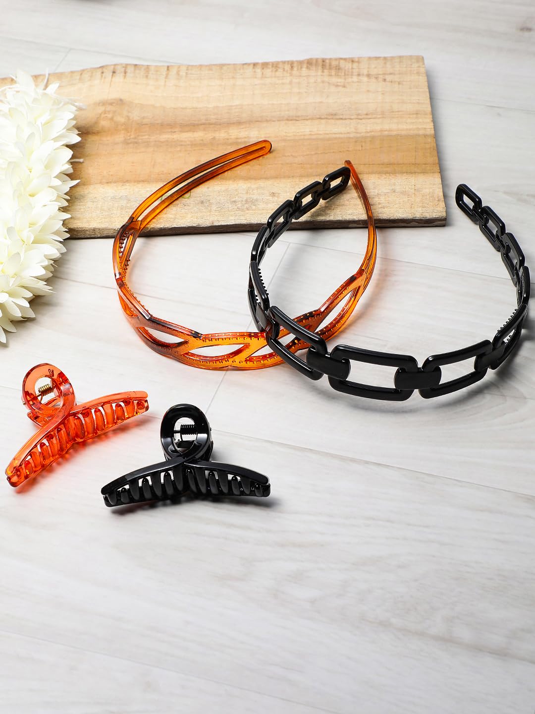 El Regalo 2 PCs Hairbands & Medium Claw Hair Clips for Girls & Women, French Design Hair Clips Accessories for Women Girls (Black & Clear Brown)