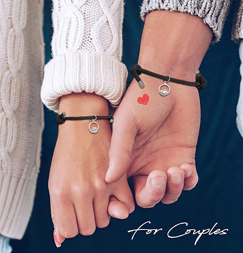 El Regalo 2 PCs Magnetic Couple Charm Bracelets Set for Best Friend- Mutual Attraction Magnet Matching Bracelets Rope Braided Bracelet Set for His Her Couples BFF Friendship Jewelry (2 PCs Black Set)