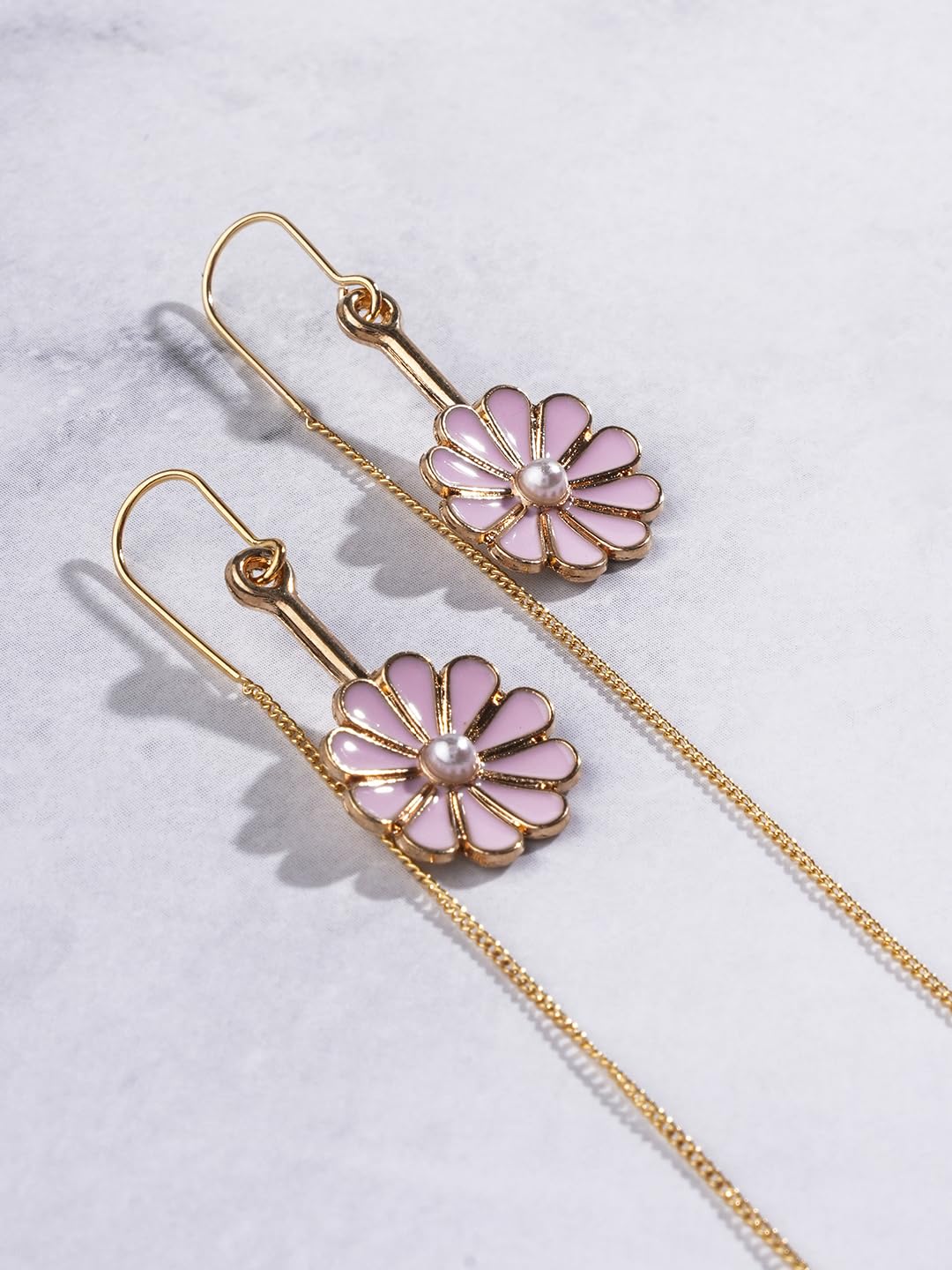 El Regalo Delicate & Classy Needle Threader (Sui Dhaga) Chain Tassel Earrings for Women/Girls- Fancy Threader Earrings (Pink Flower Pearl)