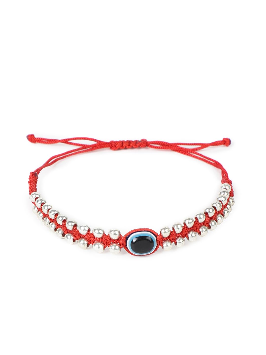 El Regalo Simple & Elegant Evil Eye Rakhi for Brother- Silver & Golden Beads Evil Eye Bracelet Rakhi for Brother/Bhai/Bhaiya with Roli Chawal in Rakhi Gift Box (Silver Red)