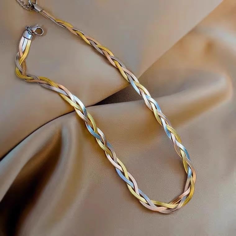 El Regalo Western Tri-Color Stainless Steel Braided Woven Collor Chain Necklace for Girls & Women- Anti Tarnish, Contemporary Necklace