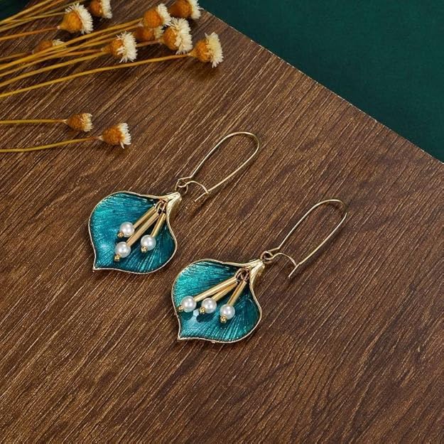El Regalo Peacock Pearl Orchid Earrings- Enamel Glaze Orchid Leaf Pearl Hook Earrings for Girls & Women