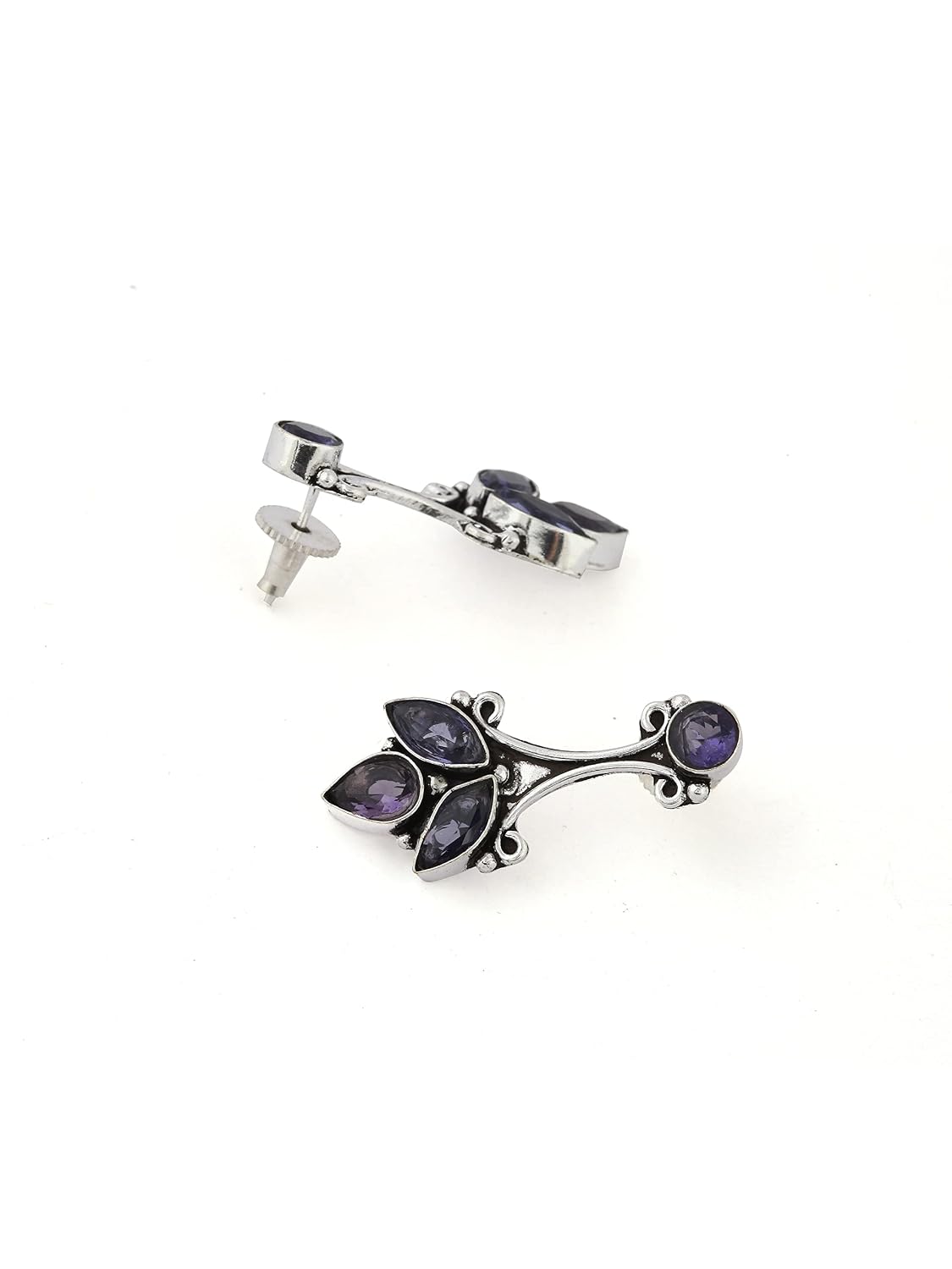 El Regalo 925 Silver Plated Vintage Stones Stud Earrings for Women & Girls (Purple)