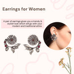 El Regalo Oxidized Brass Earrings for Women - Silver Lookalike/Silver Replica Floral Leaves Stones Statement earrings for Girls & Women- Handmade Earrings (Red)