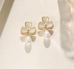 El Regalo Cute Orchid Flower Teardrop Pearl Earrings- 14K Gold Plated Pearl Earrings for Women | Floral Enamel drop Ball Earrings (White)