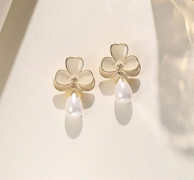 El Regalo Cute Orchid Flower Teardrop Pearl Earrings- 14K Gold Plated Pearl Earrings for Women | Floral Enamel drop Ball Earrings (White)