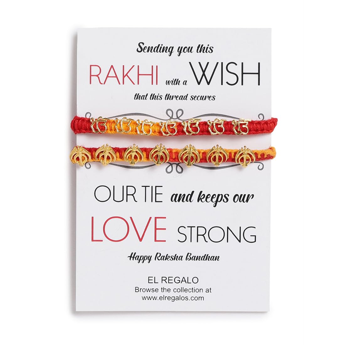 El Regalo 2PCs Red & Yellow Moli Thread Rakhi Combo Set for Brother- Auspicious OM, Ganesha, Satiya, Lion etc. Mauli Rakhi with Roli Chawal Shagun, Message Card in Rakhi Gift Box (Option-4)