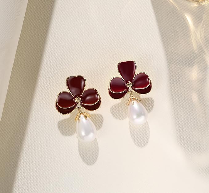 El Regalo Cute Orchid Flower Teardrop Pearl Earrings- 14K Gold Plated Pearl Earrings for Women | Floral Enamel drop Ball Earrings (Dark Maroon)