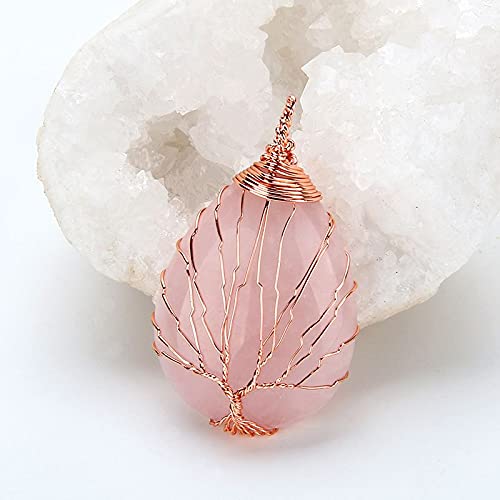 El Regalo Tree of Life Wire Wrapped Drop Natural Stones Healing Crystal Chakra Pendant Necklace - Unique Handcrafted Gemstones Pendant Necklaces (Rose Quartz) For Unisex Adult