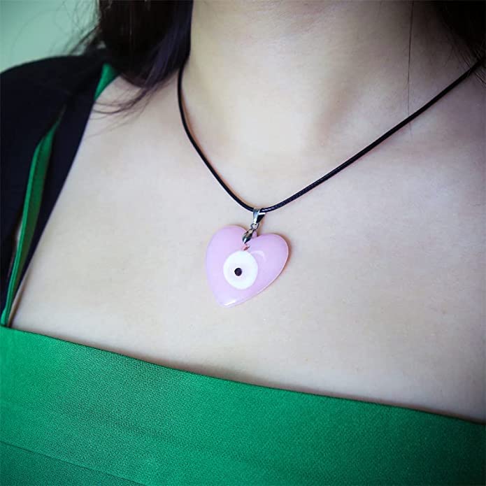 El Regalo 1 PC Big Pink Evil Eye Pendant Necklace for Girls & Women - Turkish Evil Eye Big Leather Rope Necklace (Heart Evil Eye)