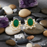 El Regalo Traditional Pearl Cluster Stud Earrings for Women & Girls | Gold-Plated Red & Green Oval Stone Earrings with Pearls | Festive, Wedding & Ethnic Jewelry (Green)