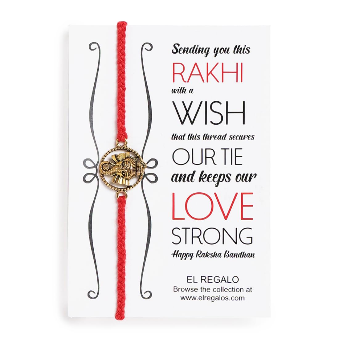 El Regalo OM Ganesha Red Thread Rakhi for Brother/Bhai/Bhaiya- Auspicious OM/Aum, Ganesha Rakhi with Roli Chawal Shagun, Rakhi Message Card in Rakhi Gift Box (Ganesha Gold)