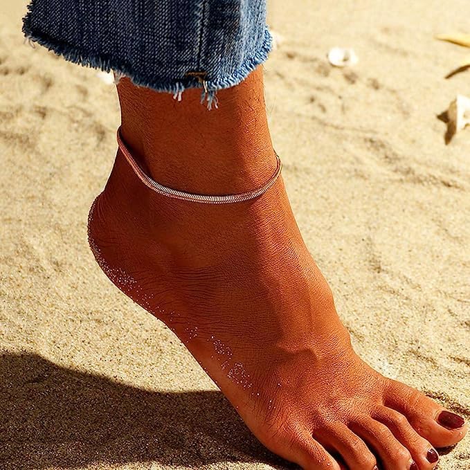 El Regalo 1PC Stainless Steel Anklet- Anti Tarnish, Waterproof 18K Rose Gold Plated Flat Snake Chain Link Dainty Anklet for Girls & Women, Boho Summer Beach Foot Jewelry