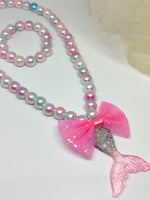 El Regalo Girls Princess Necklace Bracelet with Colorful Mermaid Shiny Beads Bow Kids Stretchy Costume Jewelry Gift Party Favors Dress up Jewelry for Little Girl Toddler (Silky Pink)