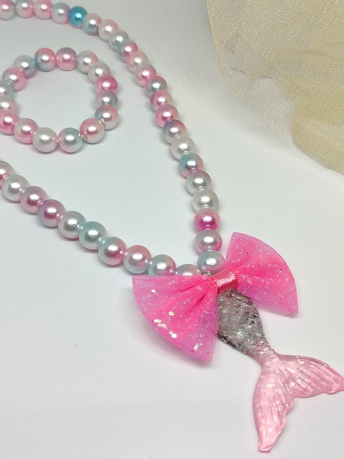 El Regalo Girls Princess Necklace Bracelet with Colorful Mermaid Shiny Beads Bow Kids Stretchy Costume Jewelry Gift Party Favors Dress up Jewelry for Little Girl Toddler (Silky Pink)
