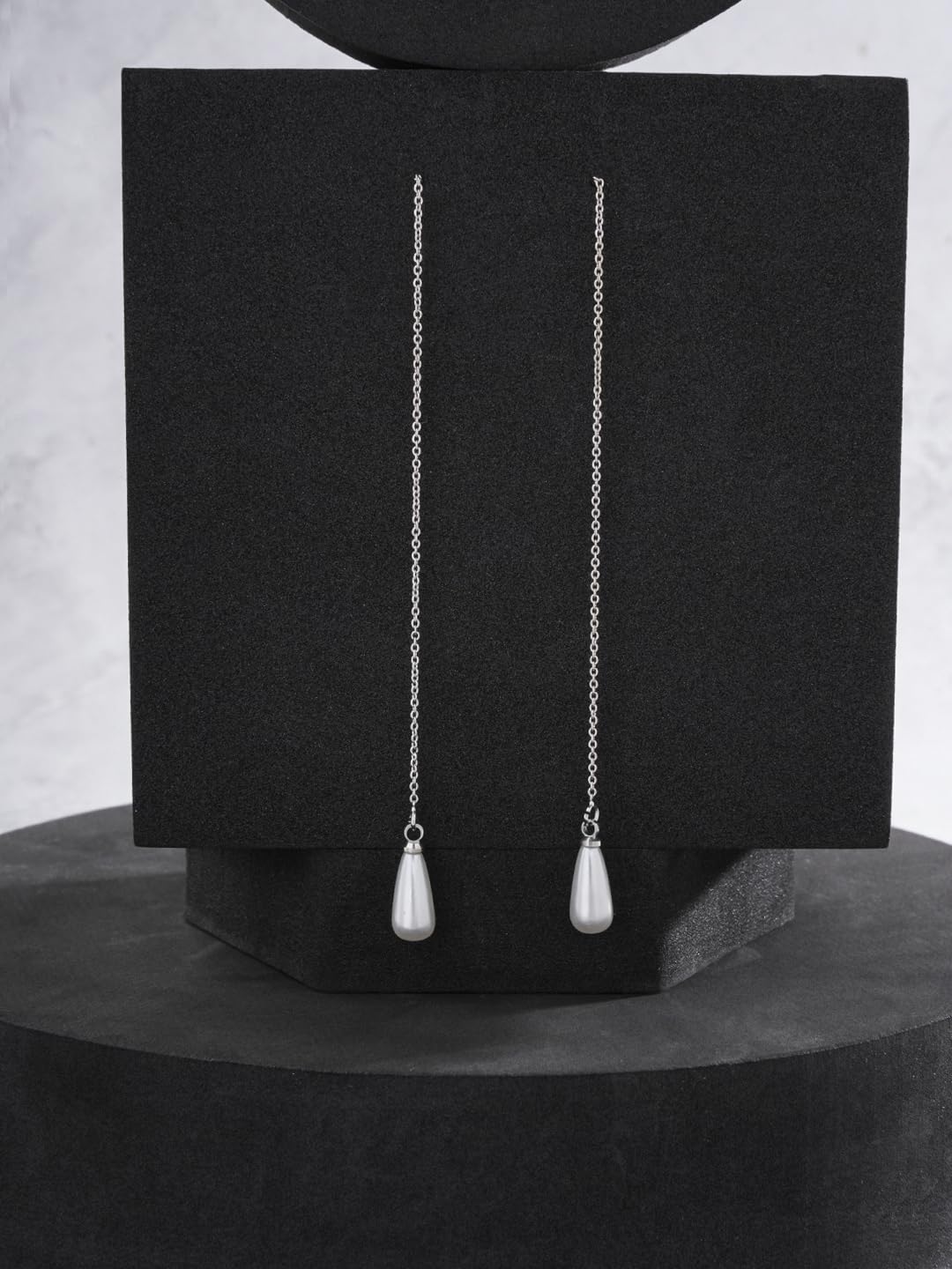 El Regalo 1 Pair Long Needle- Threader Earrings- Trendy, Contemporary, Fashionable Sui Dhaaga Earrings with Pearl-Shell, Butterfly, Pearl Drops, Heart, Mermaid Charms (Silver Drop Pearl Threader)
