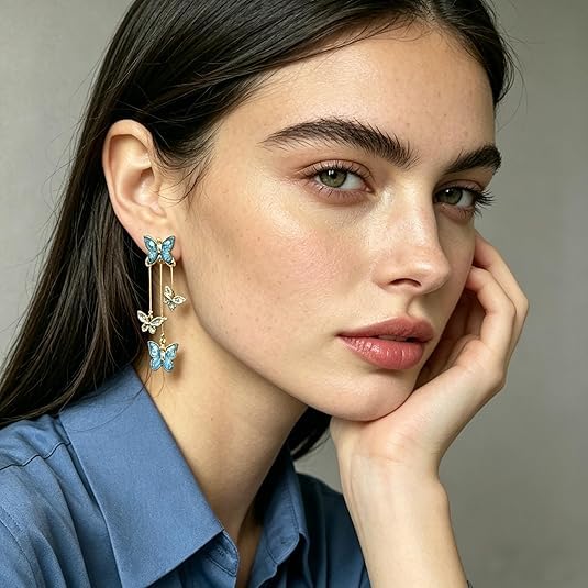 El Regalo Cute 3D Crystal Butterfly Tassel Earrings for Women & Girls | 18K Gold Plated Long Hanging Drop Linear Earrings | Elegant Korean Aesthetic Western Party Jewelry (Blue)