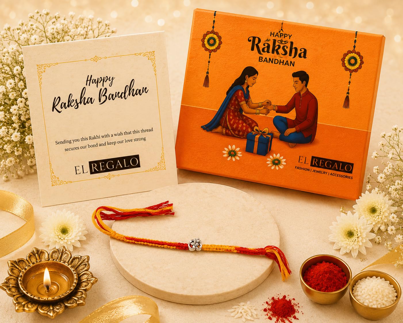 El Regalo 1PC Traditional Rakhi for Brother with Roli Chawal & Message Card | Designer Rakshabandhan Thread with OM, Shree Ram, Ganesha, Krishna Charms | Rakhi Gift Box Included (OM)