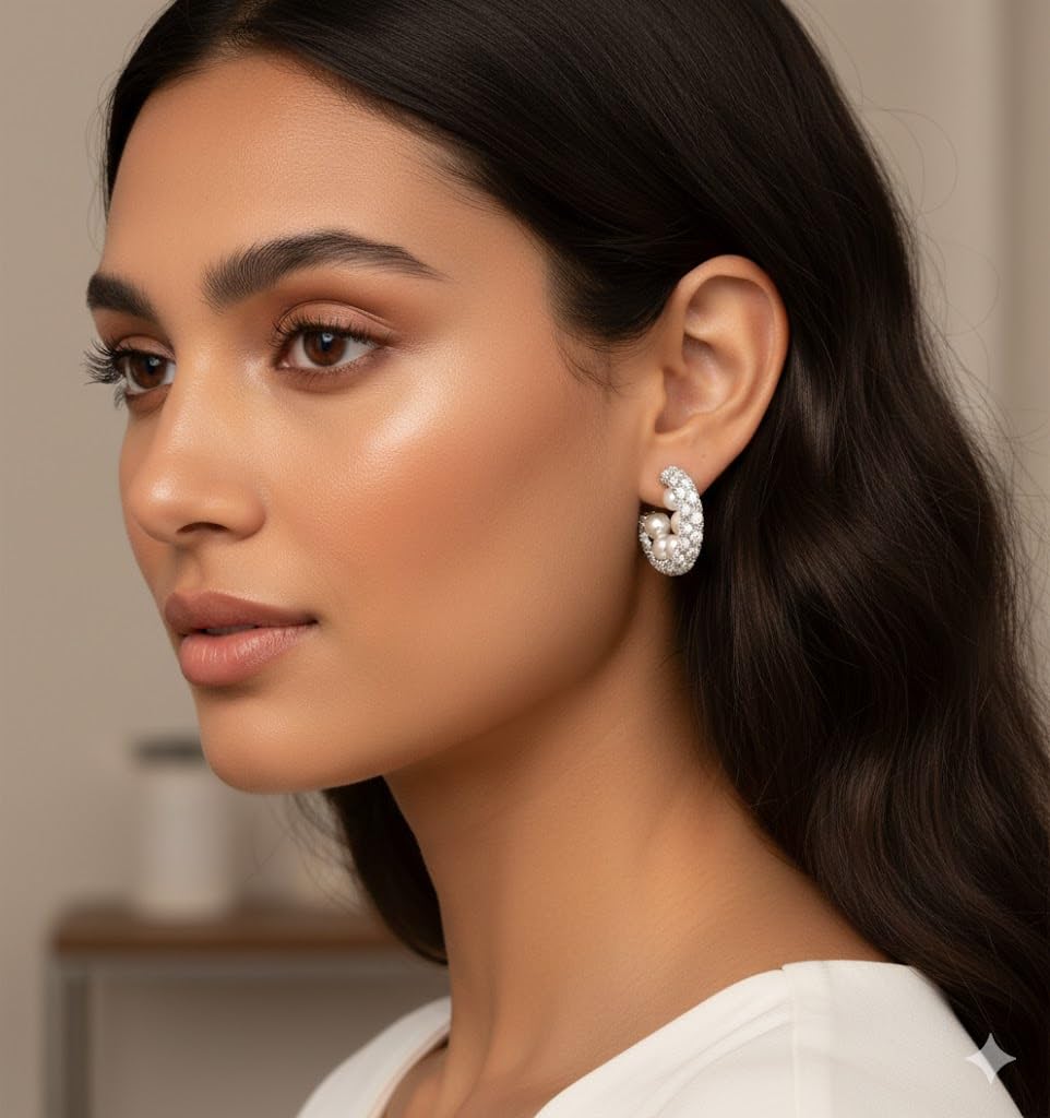 El Regalo Luxury Pearl & Zircon C Half Hoop Earrings for Women - 14K Gold Plated Pave Crystal Studs | Elegant Party Jewellery | Ideal Gift for Anniversary, Wedding & Birthdays (Silver)