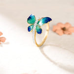 El Regalo Green-Blue Iridescent Enamel Butterfly Ring for Women & Girls - Gold Plated Adjustable Finger Ring with Sparkling CZ Accent