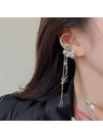 El Regalo Modern Moon Stars, Crystals, Pearls Tassel Ear Cuff Earrings for Non Pierced Ears- Trendy CZ Tassel Ear Cuffs/Clip On Earrings For Women