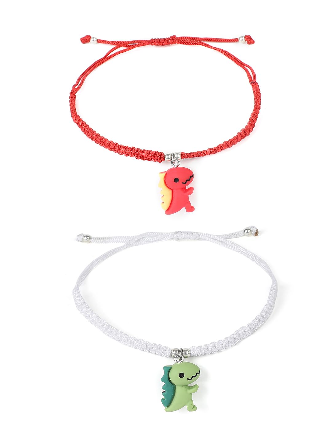 El Regalo 2PCs Cute Kids Dinosaur Bracelets Rakhi Combo for Brother with Roli Chawal, Rakhi Message Card in Rakhi Gift Box (Orange, Green)