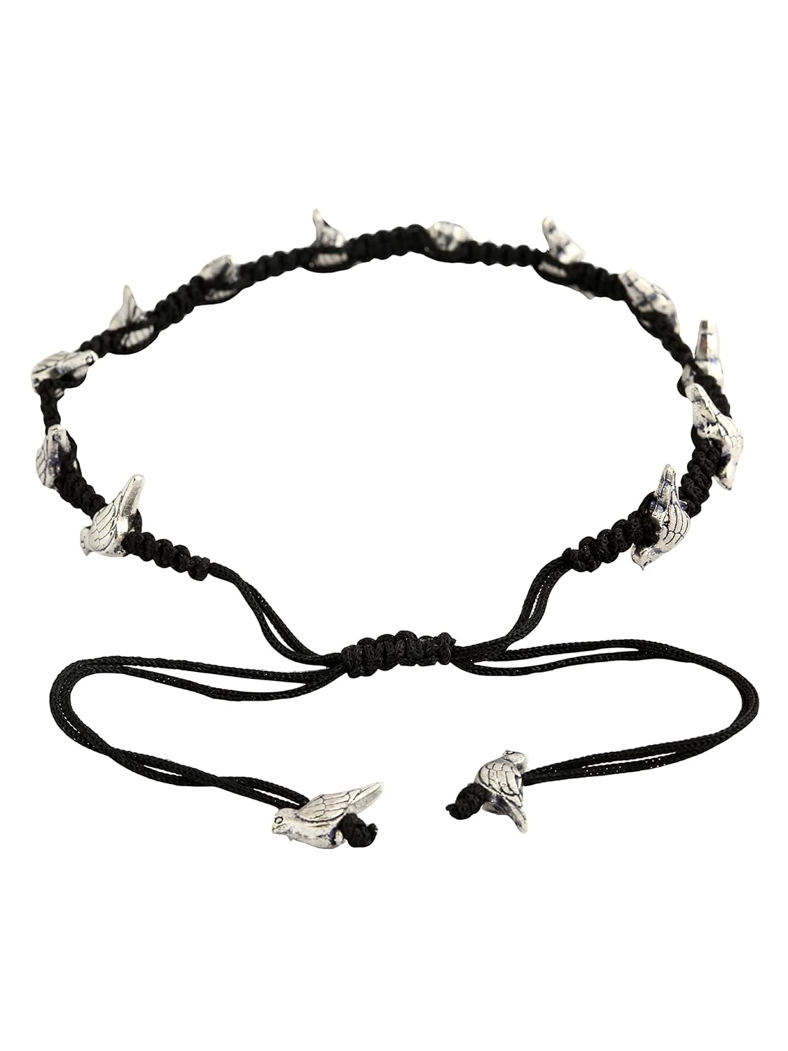 El Regalo 1 PC Boho Macrame Adjustable Oxidized German Silver Bead Nazabattu Anklet for Girls & Women- 1 Leg Bohemian Tribal Thread Anklet (Bird Nazarbattu Anklet)