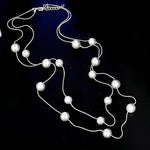 El Regalo Layered Faux Pearl Long Necklace for Women & Girls - Bohemian Chic Statement Jewelry | Simulated Pearls & Brass Snake Chain | Double Strand Sweater Necklace for Elegant Occasions (Silver)