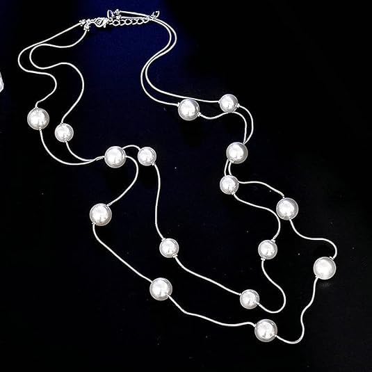 El Regalo Layered Faux Pearl Long Necklace for Women & Girls - Bohemian Chic Statement Jewelry | Simulated Pearls & Brass Snake Chain | Double Strand Sweater Necklace for Elegant Occasions (Silver)