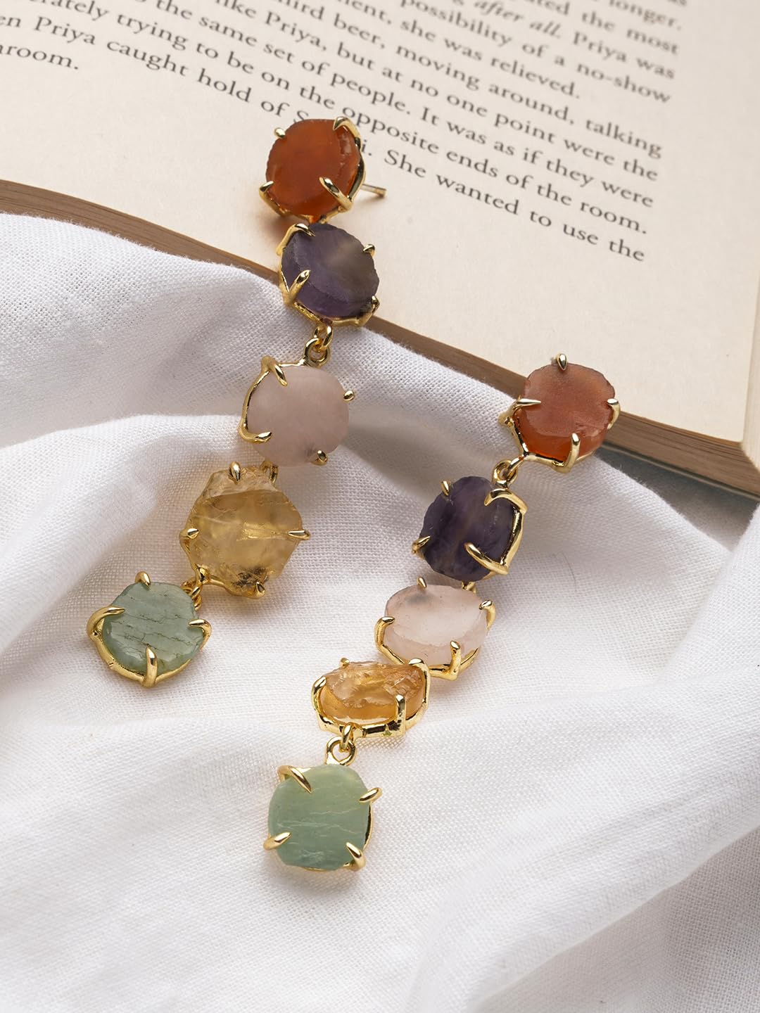 El Regalo Luxury Multi-Colored Natural Raw Stones Rough Edge Earrings - Handcrafted Gold-Finished Studs for Modern Women